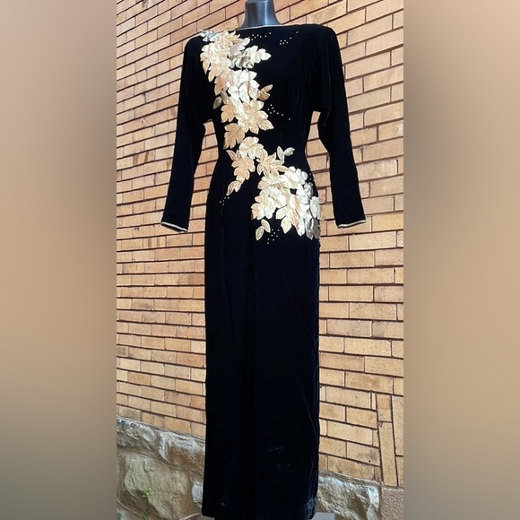black dress with gold leaves Rixo- Rose Dress (Gold & Black) main image 0